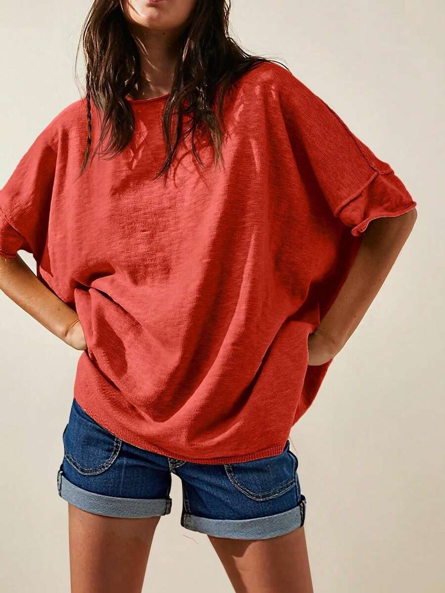 Women's Oversized T Shirts Casual Summer Crew Neck Loose Dropped Short Sleeve Side Slit Hem Blouse Tunic Tops - Đỏ - Xem 1