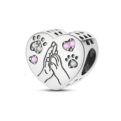 1 Pc Silver Color Simple Cubic Zirconia Cute Pet Hand In Hand Paw Print Heart Shaped Bead Charm Fit Snake Bracelet Necklace Pendant Beads For Diy Jewelry Making Gift For Women Daughter