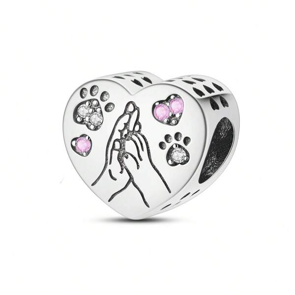 1 peça de Charme de Miçanga em Forma de Coração com Pegadas de Animais Fofas Simples de Zircônia Cúbica Prateada, para Pulseiras de Cobra, Colares ou para fazer Jóias de Presente para Mulher ou Filha