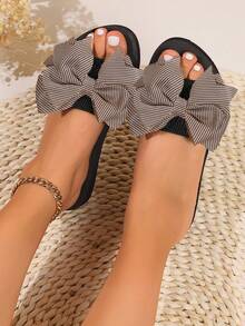 女士波尔卡圆点蝴蝶结平底拖鞋 - 轻松穿脱，超舒适软底，安全防滑的海滩厚底凉鞋