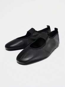 女士冬季新款绗缝天鹅绒效果运动休闲芭蕾平底鞋 - 黑色 - 查看 1