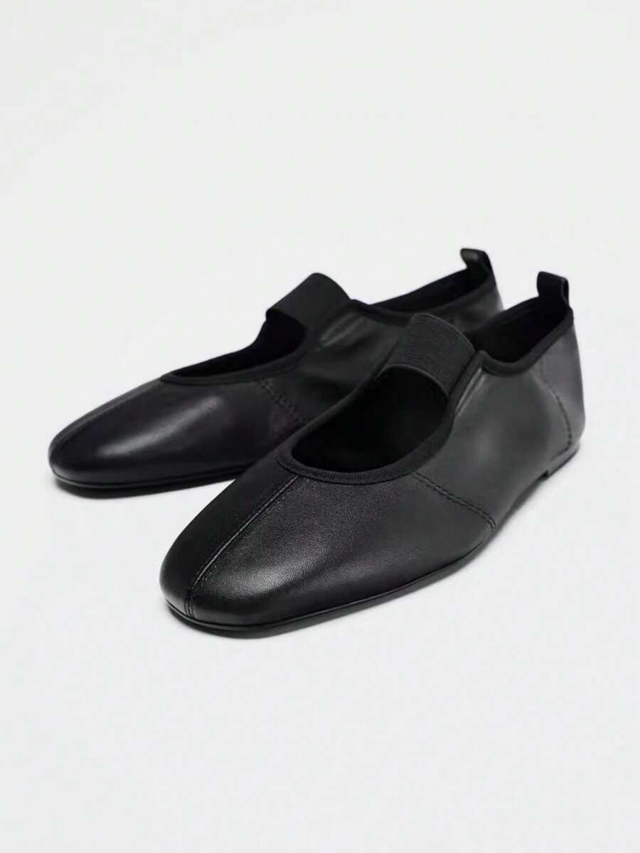 女士冬季新款绗缝天鹅绒效果运动休闲芭蕾平底鞋 - 黑色 - 查看 1