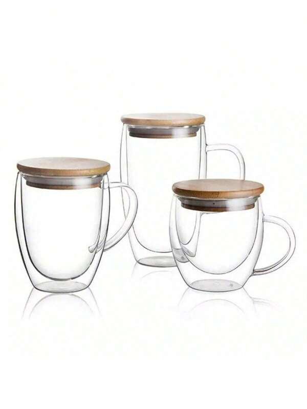 1-2-4pcs/Set 250ml-350ml Double Layer Glass Coffee Mugs With Handle, Insulated Cups With Bamboo Lid, For Iced Americano, Matcha, Cappuccino, Tea Bags, Also Suitable For Espresso Machines