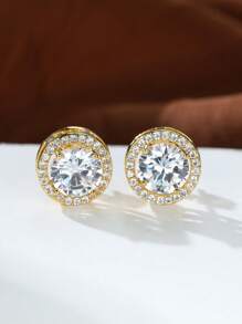 1 Pair Luxury Classic Round Micropave White Cubic Zirconia Stud Earrings, Women's Chic Jewelry