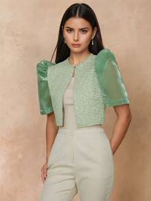Ladies Spring/Summer Floral Puff Sleeve Cropped Cardigan Top Terno - Green - View 5