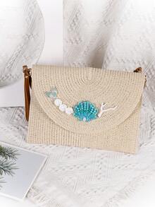 贝壳和美人鱼尾巴草编包，女士夏季沙滩斜挎包，航海风格设计，优雅的度假、节假日和日常外出必备包，旅行友好配件