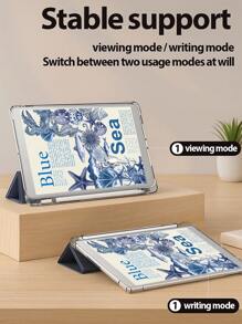 Beautiful Blue Starfish Shell Crab Puzzle Style Pattern Transparent Silicone Shock-Absorbing Bracket With Pen Slot, Suitable For Galaxy Tab A8 10.5, S6 Lite 10.4, S7/S8/S9Inch. It Supports Sleep Awakening As A Holiday Gift
