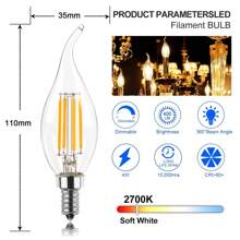 6 pezzi di lampadine a LED a fiamma C35 da 4W, equivalente a 40W, attacco E12/E14 a candela, dimmerabili, a forma di candela vintage, per lampadari, lampadari a soffitto e decorazioni per la casa