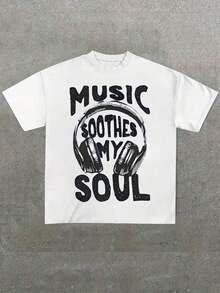 Premium Unisex Casual T-Shirts, Men's Plus Sizes, "Music Calms My Soul" (1 Piece), 100% Cotton Printed Casual T-Shirt, Crew Neck, Short Sleeve, 220g Cotton T-Shirt, For Going Out, Gift, Summer, Unisex - 白色 - 查看 1