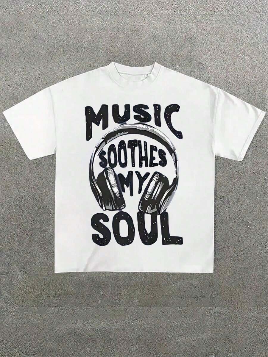 Premium Unisex Casual T-Shirts, Men's Plus Sizes, "Music Calms My Soul" (1 Piece), 100% Cotton Printed Casual T-Shirt, Crew Neck, Short Sleeve, 220g Cotton T-Shirt, For Going Out, Gift, Summer, Unisex - 白色 - 查看 1