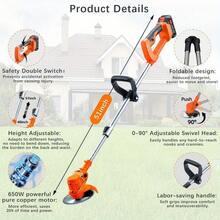 Cortacésped inalámbrico con ruedas, batería recargable de 21V, cortacésped de 4 cuchillas, recortador de césped, recortador de arbustos, recortador de jardín - Amarillo - Ver 9