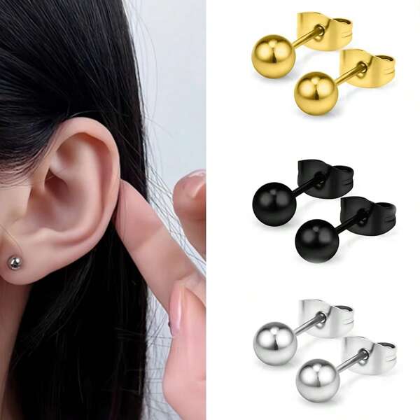 Conjunto de 3 pares de pendientes de acero inoxidable con cuentas de moda, adecuados tanto para hombres como para mujeres, con múltiples colores para elegir, aptos para uso diario o de fiesta, y se pueden regalar a amigos