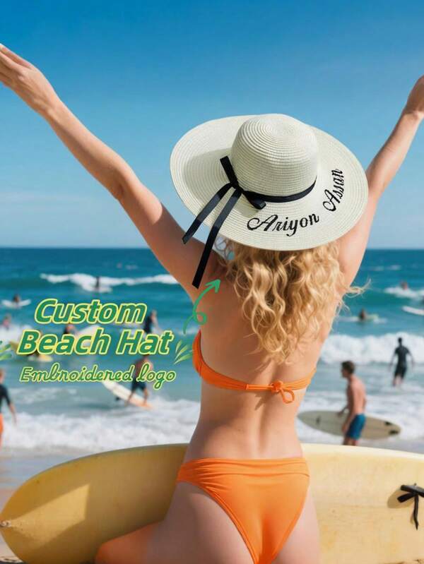 1 Piece, Custom Large Brim Sun Hat, Beach Sun Hat, Personalised Embroidered Name Outdoor Hat, Bachelorette Beach Hat, Summer Sun Protection, Face And Neck Sun Protection, Stylish Beach Straw Hat, Bridesmaid Beach Hat, Custom Women's Sun Hat, Bachelorette Party, Honeymoon, Pool, Wedding Decoration Gift