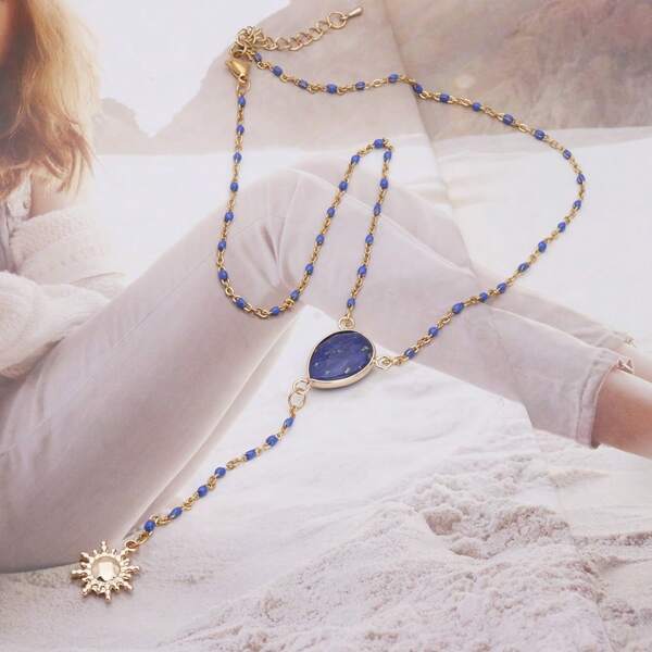 1 Collar en forma de Y estilo bohemio para mujer, cadena de acero inoxidable con colgante de piedra natural de color efecto goteo de aceite, collar elegante adecuado para uso diario y vacaciones, un exquisito regalo