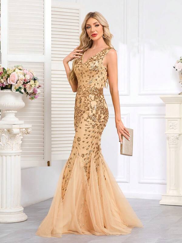 hezixi Vestido formal de noite com decote profundo e lantejoulas florais e contraste de malha para jantar, festa, convidado de casamento