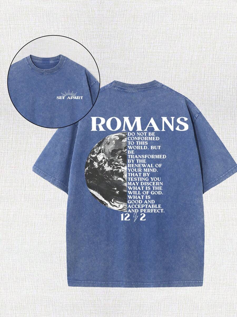 Earth Religious Cross With Retro Design Christian Jesus Printed Retro Washed T-Shirt, 230G, Retro Street Style. Simple And Versatile, Pure Cotton Is Of High Quality, Novel And Fashionable, And It Is A Must-Have Fashion T-Shirt For Spring And Summer. - Xanh đậm - Xem 1
