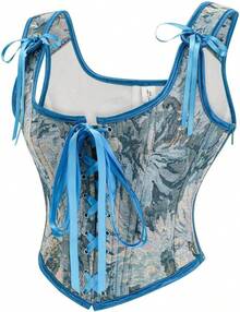 Womens Vintage 1920s Renaissance Lace Trim Corset Bustier, Retro Fashion - Blue Vintage - View 3