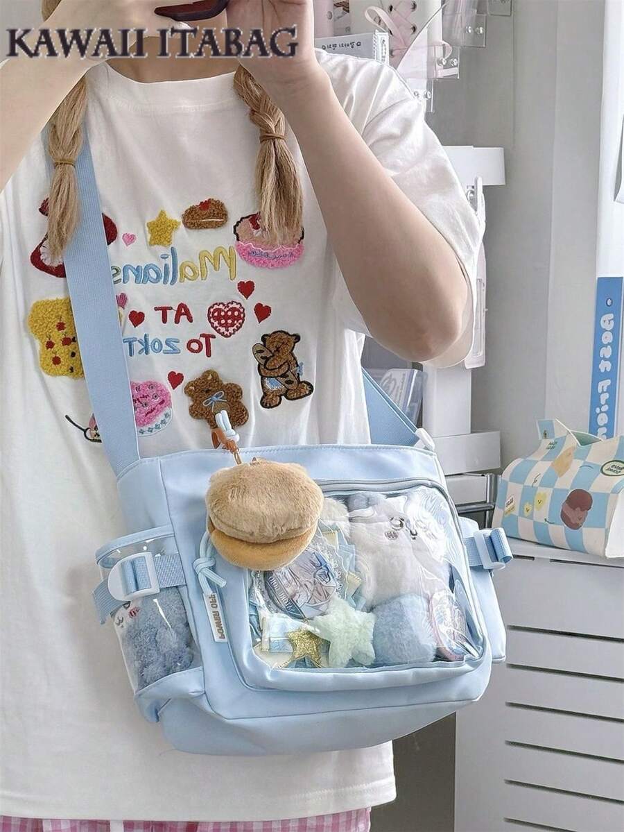 可爱小包女孩纯色透明口袋10厘米娃娃包日式学院风斜挎包女士钱包和手提包DIY单肩包带徽章展示盘返校礼物动漫粉丝演唱会别针包