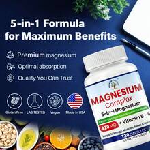 5-In-1 Magnesium Complex Supplement 420mg + Vitamin B6 30mg, Support Heart, Relaxation, Sleep & Bone Health - 120 Vegan Capsules - unflavor - 查看 3