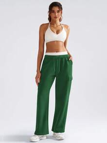 YEOREO Sweatpants Womens Cargo Pants Fleece Lined Wide Leg Joggers Baggy Drawstring Nairi Sweat Pants With Pockets - Dark Green - View 3