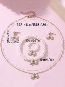 Conjunto de 5 peças/conjunto elegante estilo princesa com pérolas artificiais, laços, colar, pulseira, anel, brincos, adequado para o dia a dia, festas, aniversários, fotos - Tamanho Único - Ver 4