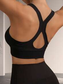 Women's Sports Front-Zip Bras Bralette Bra Underwear Tank Top Racerback Wireless Intimates Gathered Criss Cross Back Front Closure Training Yoga Gym Removable Pad Workout Lingerie Casual Athletic Were Exercise Cycling Tennis Solid Color Comfortable Sexy Fashionable Activewear - Black - View 4