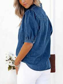 女士藏蓝色泡泡袖牛仔衬衫 - 灯笼袖时尚休闲牛仔衬衫，牛仔上衣 - 深色水洗藍 - 查看 5