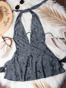 Deep V-Neck Backless Ripped Apocalyptic Style Asymmetrical Sexy Mini Dress - Dusty Blue - View 2