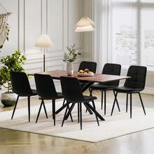 Extendable Dining Table And Chairs Set 6, 120-160cm Wood Grain Table With 6 Black Upholstered Linen Chairs For Dining Room, Kitchen - 木紋餐桌+6把黑色亞麻餐椅 - 查看 1