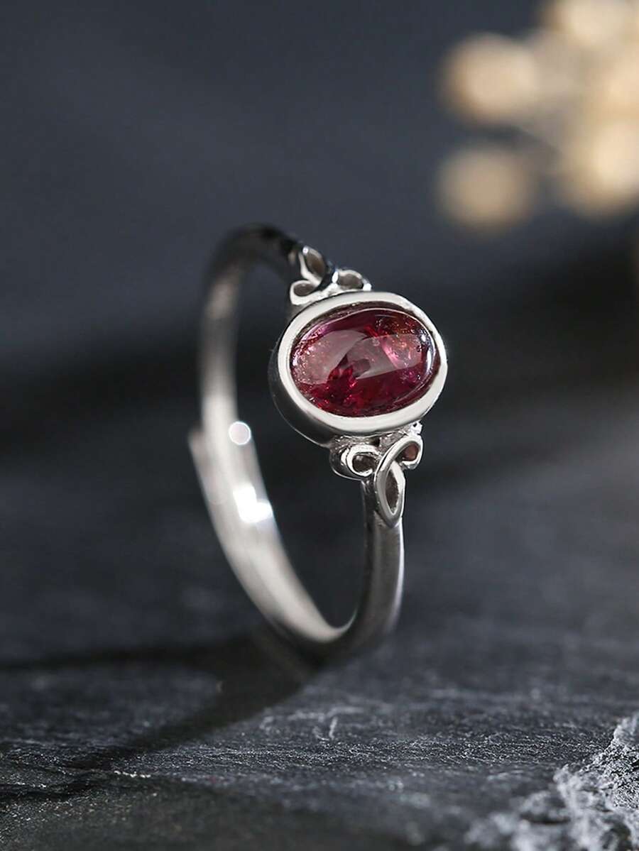 1pc Natural Garnet Women's Ring Genuine 925 Sterling Silver Adjustable Wedding Bands 7*5mm Oval Gemstone Healing Birthstone Jewelry Boho Gifts