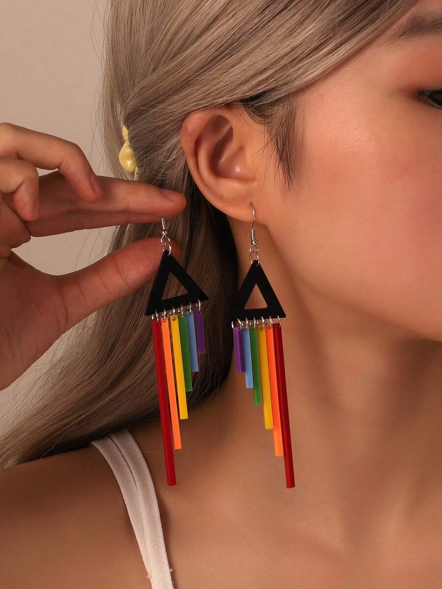 1對快樂慶祝壓克力彩虹色條狀流蘇三角吊墜耳環,適合女性女孩LGBT愛好者派對驕傲月珠寶 - 彩色的 - 查看 1