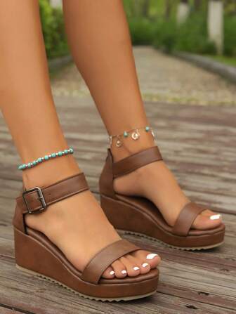 Women's Casual Comfortable Anti-Skid Soft Sole Brown Solid Color Sandals With Round Toe