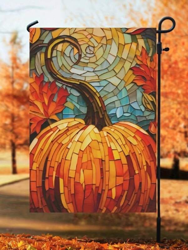 1pc Autumn Happiness Double Sided Garden Flag - Painted Glass Pumpkin Design, 12x18 Inches, Double-Sided Durable Linen Material Outdoor Decoration, Waterproof, Very Suitable For Autumn Farmhouse Courtyard, Thanksgiving Decoration, Seasonal Holiday Decoration, Suitable For Porch, Courtyard, Backyard Decoration, Flag Pole Not Included