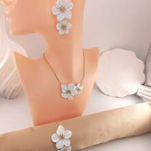 1 Set de joyería con collar colgante con flor de aceite de color, pendientes, pulsera, collar bib floral fresco y dulce, pendientes de doble capa, set de pulsera, elegante y de moda para uso diario, fiesta, vacaciones de la mujer