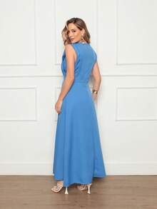 Long Plain Dress For Social Wedding In Tailored Fabric, Sleeveless Elegant - Màu xanh lam - Xem 4