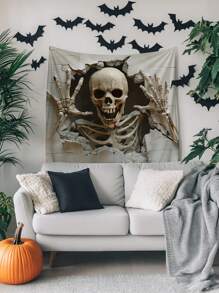 1pc Halloween Skeleton Head Tapestry, Horror Decoration Hanging Cloth, Polyester Wall Decor For Living Room And Bedroom, Suitable For Daily Life, Camping Decoration, All Seasons
