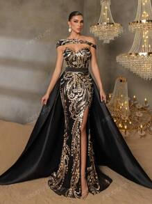 Faeriesty Faeriesty Gorgeous Beaded Sequin Evening Gown With Floral Beading Embroidery & Dramatic Slit Detail, Back Fluid Satin Overlay For High-End Parties, Black Tie Affairs & Urban Fashion Events