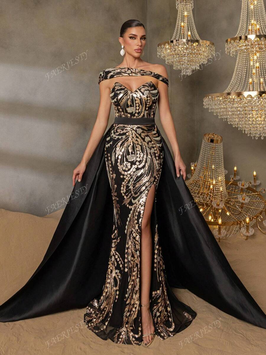 Faeriesty Faeriesty Gorgeous Beaded Sequin Evening Gown With Floral Beading Embroidery & Dramatic Slit Detail, Back Fluid Satin Overlay For High-End Parties, Black Tie Affairs & Urban Fashion Events