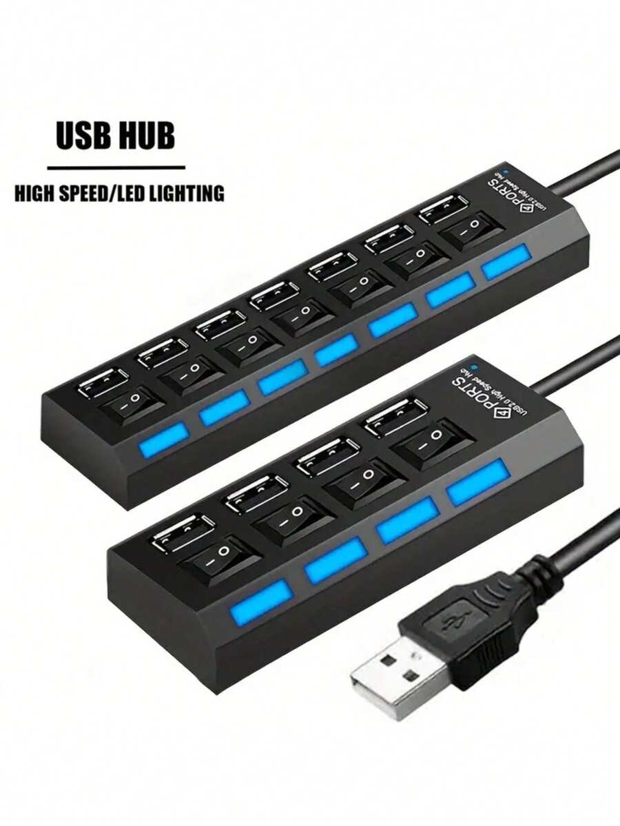 7 端口/4 端口 USB 2.0 集线器适配器带 LED 灯，独立电源开/关开关，适用于电脑、平板电脑、笔记本电脑 [仅支持数据传输，不支持充电] - 彩色 - 查看 1