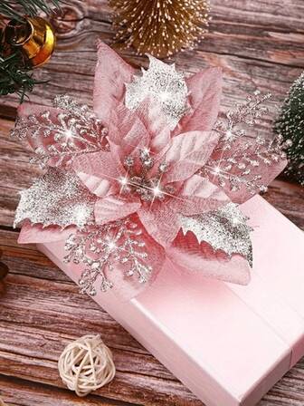 24 Pcs Glitter Poinsettia 5.5" Artificial Flowers Christmas With Clips Stems Xmas Tree Ornaments For Wedding Party Wreath Decoration