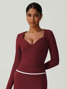 Women's Slim Fit Deep V Neck Thumb Buckle Outdoor Casual Sports Long Sleeve T-Shirt For All Season - Red Violet - View 6