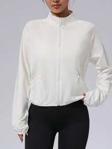 Women's Stand Collar Sports Jacket With Pockets, Everyday Casual Zipped Windbreaker For Running, Workout, Yoga - White - View 6