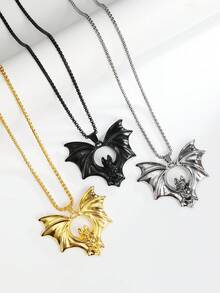 1pc European & American Gothic Style Bat Pendant Necklace, Halloween Gift Accessory, Large Gold-Tone Stainless Steel Gothic Jewelry Necklace, Personalized Black Necklace, Daily Wear For Men - New Bat Necklace - View 6
