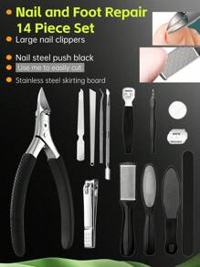 Set da 14 pezzi in acciaio inox: pinze a punta, coltello diagonale per rifinitura, strumento per levigatura e rifinitura della piastra del piede, tronchesino per unghie grande, estrattore per unghie, lima per unghie in acciaio, spugna lucidante per arte di unghie e riparazione dei piedi