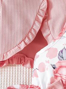 2 件套女童春秋时尚荷叶边下摆夹克搭配精致蝴蝶结花卉印花无袖连衣裙两件套服装，可爱又生动