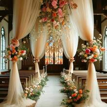 2pcs 6m Champagne Chiffon Archway Fabric, Wedding Archway Fabric, Birthday Party Background Decoration, Polyester Romantic Party Decoration For Wedding, Wedding Party Bridal Shower Decor Room Decoration Supplies, Suitable For Wedding Archway, Stair Fence Decor, Chair Back Decoration, Sheer Mesh Door Curtain, Gauze Table Runner, Table Cover, Banquets Party Supplies