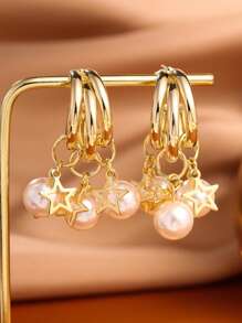 Boucles d'oreilles pendantes en forme de pentagone avec perles factices pour femmes