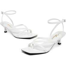 Athlefit Tacones De Mujer Strappy Kitten Heels Square Toe Ankle Strap Sandals Dressy Party Shoes - 白色 - 查看 5