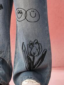 ASK JUNIOR 女童花卉印花阔腿牛仔裤 - 藍色 - 查看 10