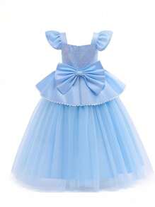 少女优雅的宝石蓝网纱亮片短袖连衣裙，搭配皇冠、魔杖项链和手套配饰，适合外出、派对、生日和其他活动。 - 藍色 - 查看 4